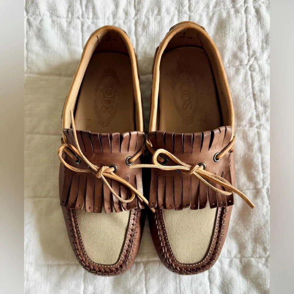 Tod's Gommino Leather Fringe Driving Loafers in Congnac & Tan